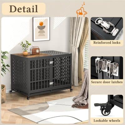 Black pet enclosure with reinforced locks, secure door latches, and lockable wheels, ideal for safe animal containment and home use. Perfect for pet safety and easy mobility.