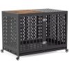Durable black metal pet crate with lockable double doors and caster wheels for easy mobility, ideal for safe and secure pet housing.