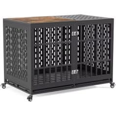 Durable black metal pet crate with lockable double doors and caster wheels for easy mobility, ideal for safe and secure pet housing.