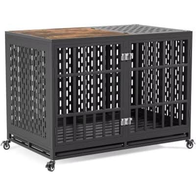 Durable black metal pet crate with lockable double doors and caster wheels for easy mobility, ideal for safe and secure pet housing.