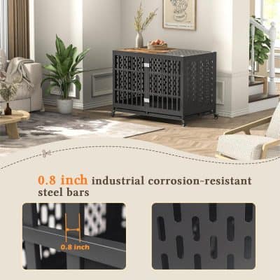 Sturdy black steel storage cart with industrial-grade corrosion-resistant 0.8-inch bars for durable home or office organization. Versatile mobile storage solution for modern interiors.