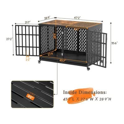 Durable pet crate with metal panels, wooden top, and lockable wheels, perfect for indoor or outdoor use, measuring 45.7
