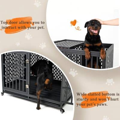 Durable black pet crate with wide slatted bottom for safety, ideal for dog protection and comfort at Monalisa Store.