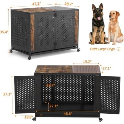 Enhanced pet storage cabinet with perforated metal design, suitable for extra-large dogs, featuring dimensions of 47.2