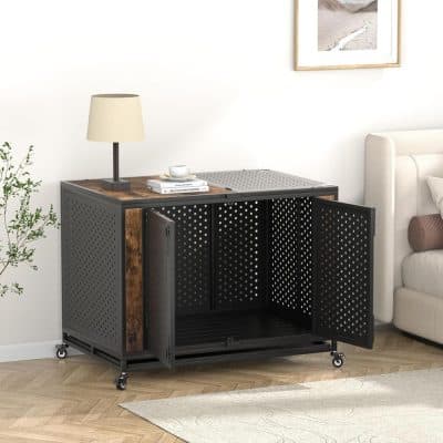 Industrial-style black metal storage cabinet with wheels, perforated doors, and wood top, ideal for modern living room or office organization.
