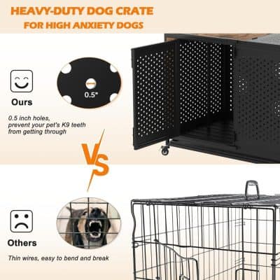 Heavy-duty dog crate with 0.5 inch holes, designed to prevent high-anxiety dogs from escaping, compared to weaker wire cages prone to breaking. Perfect for pet safety and anxiety management.
