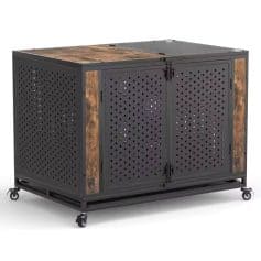 Industrial storage cabinet with perforated metal doors and wood accents, mobile on wheels for easy access and organization in commercial or medical settings.