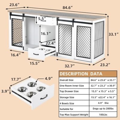 Stylish dog kennel with sliding doors, top drawer, and built-in bowls, ideal for large dogs up to 200 lbs, perfect for pet owners seeking durable pet furniture and crate solutions.