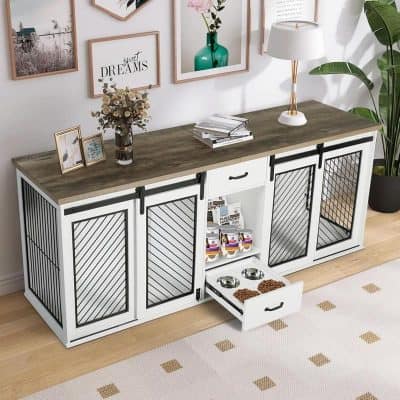 Modern pet storage cabinet with sliding barn door, wood top, and dog food station, ideal for organized pet feeding and accessories in stylish home decor.
