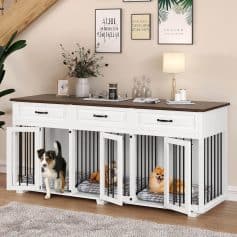 Modern pet crate with stylish white and black design, perfect for small dogs, featuring a spacious interior, cozy cushions, and a chic home decor setting for pet owners.