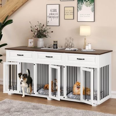 Modern pet crate with stylish white and black design, perfect for small dogs, featuring a spacious interior, cozy cushions, and a chic home decor setting for pet owners.