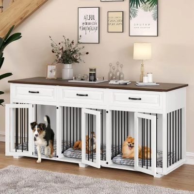 Modern dog crate with storage sideboard, ideal for pet owners, featuring spacious indoor pet cages with comfortable cushions, perfect for small to medium dogs, stylish and functional for home decor.