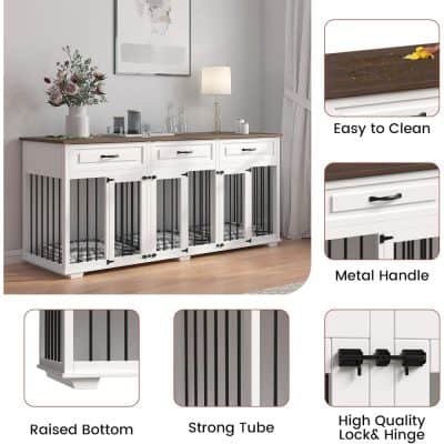 Stylish white and black pet crate with metal handle, raised bottom, strong tube design, and high-quality lock and hinge for easy cleaning and durability.