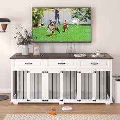 Dog gate for pet safety and home convenience, stylish white design with black hardware, perfect for controlling pet access in living spaces.