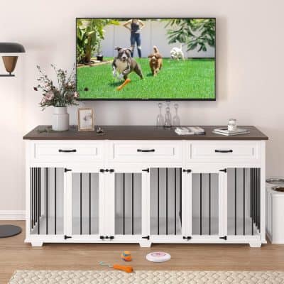 Dog gate for pet safety and home convenience, stylish white design with black hardware, perfect for controlling pet access in living spaces.