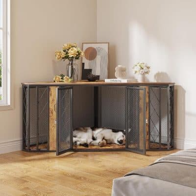 Stylish modern dog crate with black metal mesh panels and natural wood accents, perfect for stylish pet spaces.