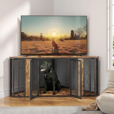 Dog in a stylish indoor dog cage with a television displaying a sunset scene on a wooden TV stand.