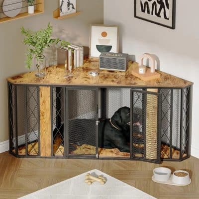 Modern dog crate with a stylish wooden top and metal mesh doors, included inside a modern home with decor, perfect for pet owners seeking functional and chic pet furniture.
