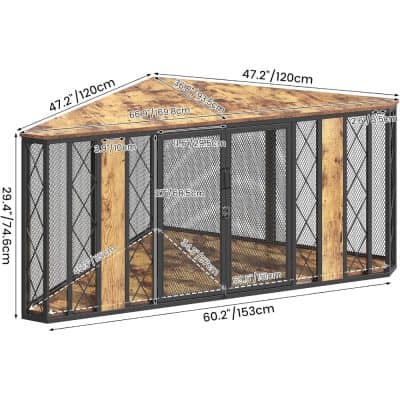 Rustic black metal and wood dog kennel with secure mesh doors, spacious indoor outdoor design, perfect for large pets and outdoor use, measures 60.2