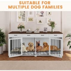 Comfortable pet crate with multiple dog families, ideal for small to large dogs, featuring secure bars and cozy interior for pet safety and comfort.