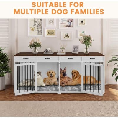 Comfortable pet crate with multiple dog families, ideal for small to large dogs, featuring secure bars and cozy interior for pet safety and comfort.