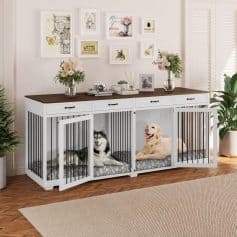 Stylish dog crate with a white framework and black bars, set in a cozy home interior, perfect for pet safety and comfort. Ideal for pet owners looking for durable, modern dog crates for their furry friends.