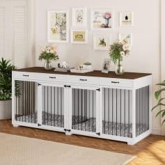 Elegant white and black pet crate with a wooden top inside a stylish modern room, perfect for secure and comfortable pet care.