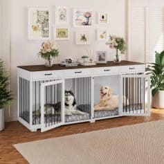 Comfortable pet crate with black and white guard rails, pet beds, and stylish decor in a modern living room, ideal for dog confinement and home pet care.