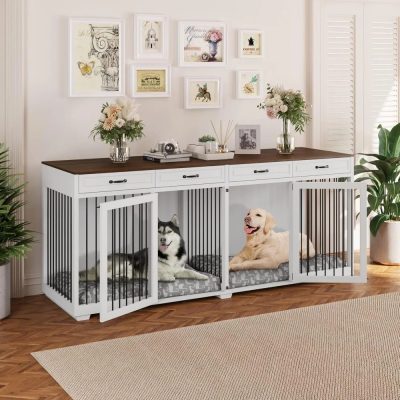 Comfortable pet crate with black and white guard rails, pet beds, and stylish decor in a modern living room, ideal for dog confinement and home pet care.