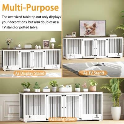 Modern multi-purpose white slatted storage cabinet for home decor, TV stand, or plant display. Versatile furniture piece with sliding doors, ideal for organizing living rooms, entertainment areas, and indoor plants.