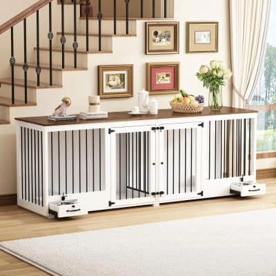 Pet crate storage cabinet with functional door locks, ideal for home and pet safety, blending storage and pet containment seamlessly.