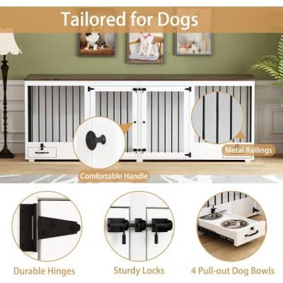 Heavy-duty dog crate with metal railings, durable hinges, sturdy locks, and four pull-out dog bowls, perfect for customized pet housing. Designed for comfort, safety, and style for dog owners.