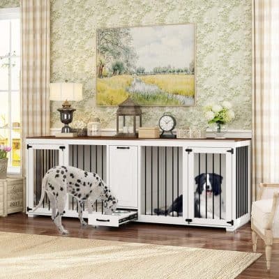 Stylish dog crate with black metal bars, white wooden frame, and spacious design for small to large pets, placed in a cozy, decorated living room setting.