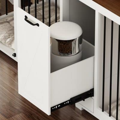 Freshly ground coffee beans in a jar inside a modern kitchen cabinet with soft-close drawer mechanism.