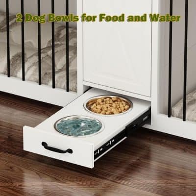 Dual dog food and water bowls in white drawer for pet feeding station. Perfect for small to medium-sized dogs, offers convenience and cleanliness for pet owners.