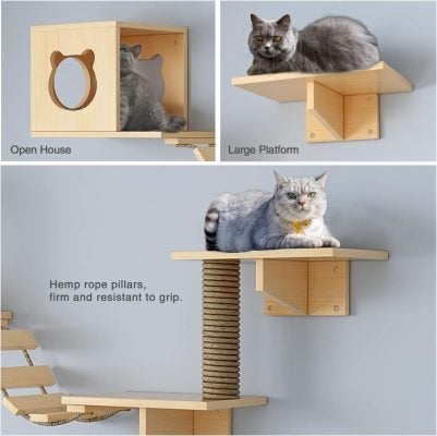 Modern wooden cat shelves and climbing structures for indoor cats, featuring open house design, large platforms, hemp rope pillars for grip, and cozy spaces for feline relaxation.