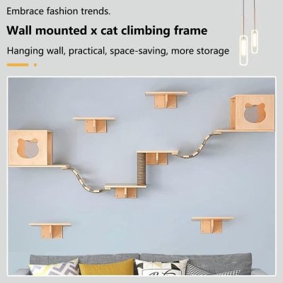 Wall mounted cat climbing frame with multiple shelves and tunnels, perfect for enhancing pet living space, saving room, and adding stylish decor to your home. Ideal for cat lovers.