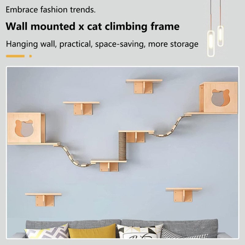 Wall mounted cat climbing frame with multiple shelves and tunnels, perfect for enhancing pet living space, saving room, and adding stylish decor to your home. Ideal for cat lovers.
