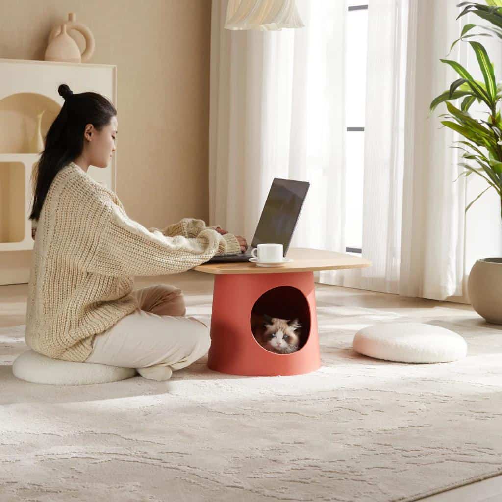 Cozy home workspace with woman working on laptop, cat in pink pet house, natural light, minimalist decor for comfortable remote work environment.