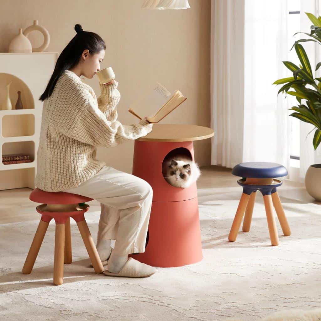 Cozy woman reading and drinking tea with a cat peeking out of a modern pink side table in a beautifully decorated living room, emphasizing stylish furniture and a warm, inviting atmosphere.