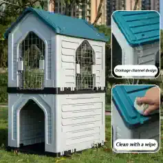 Dog house with drainage channel and cleaning features for outdoor pets, durable plastic shelter with waterproof roof and easy maintenance design.