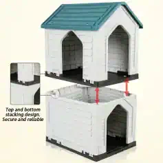 Dog house with stackable design, ideal for outdoor pet shelter, durable plastic construction, easy to assemble, weather-resistant, secure locking system, perfect for small dogs and cats, trusted by pet owners.