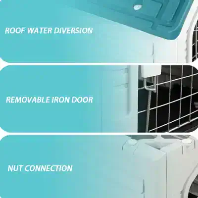 High-efficiency rooftop water diversion system with removable iron door and secure nut connection for reliable pet cage or kennel setup.
