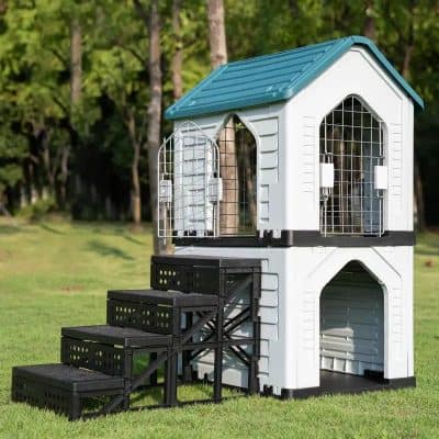 Playhouse for cats with stairs, outdoor pet shelter, multi-level cat house with safety gate, durable plastic and metal design, perfect for outdoor gardens or yards.