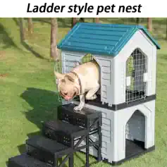 Ladder style pet nest with stairs and house structure, suitable for small dogs and cats, durable plastic design, perfect for outdoor backyard use.