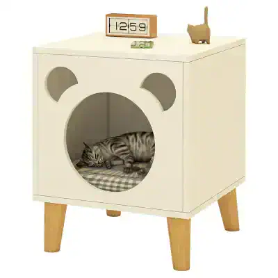 Aesthetic cat bed with window and digital clock on top, modern furniture for pets.