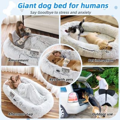 Giant dog bed for humans shown in a cozy indoor setting, perfect for relaxation and stress relief, ideal for pet owners and pet lovers seeking comfortable pet furniture.