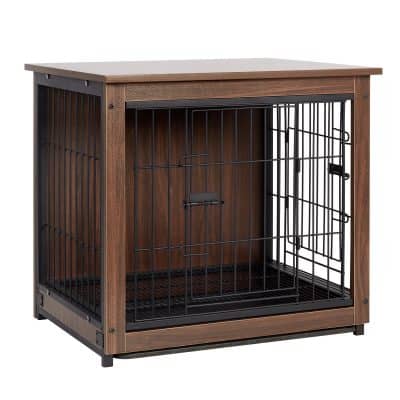 Dog crate with wooden frame and metal wire sides for pet security and comfort.