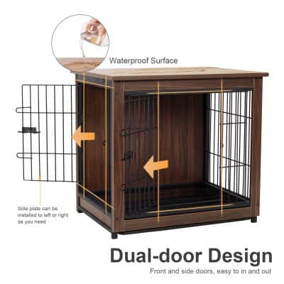 Waterproof pet crate with dual-door design, front and side access, perfect for dog or cat confinement, made of durable wood and metal, easy to clean and transport.