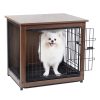 Cute white dog inside a wooden and metal pet crate, ideal for dog training and indoor use, featuring a spacious design for comfort.